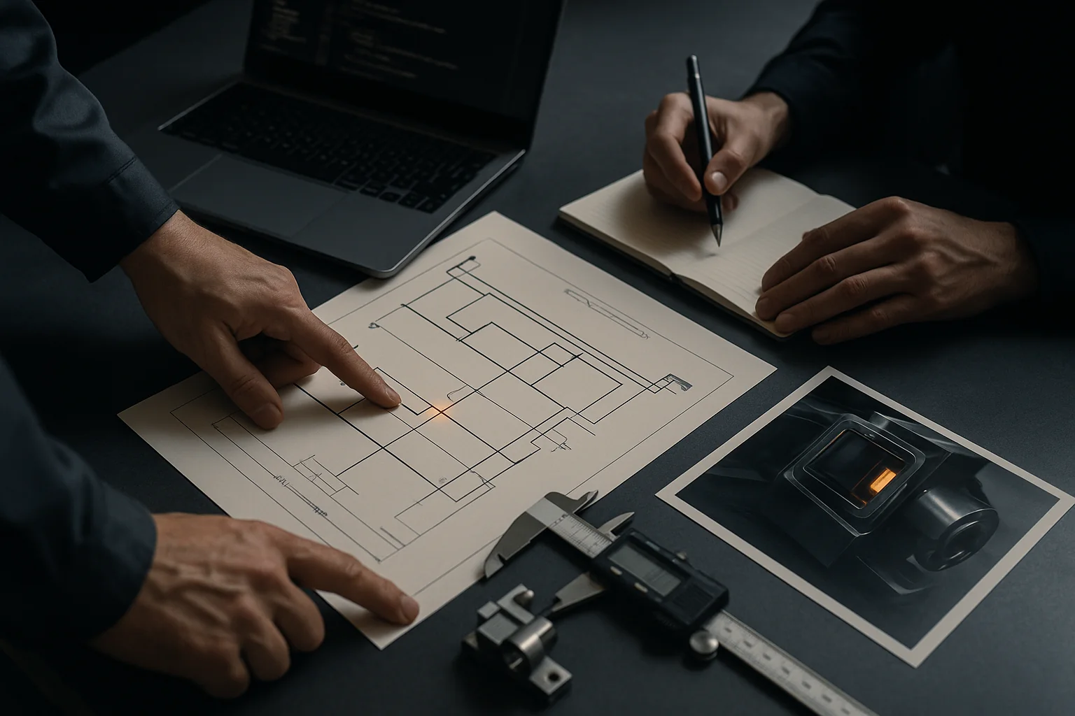 Tavolo di lavoro tecnico durante una revisione architetturale: schemi stampati, laptop, calibro e un componente di precisione, mani che indicano le connessioni