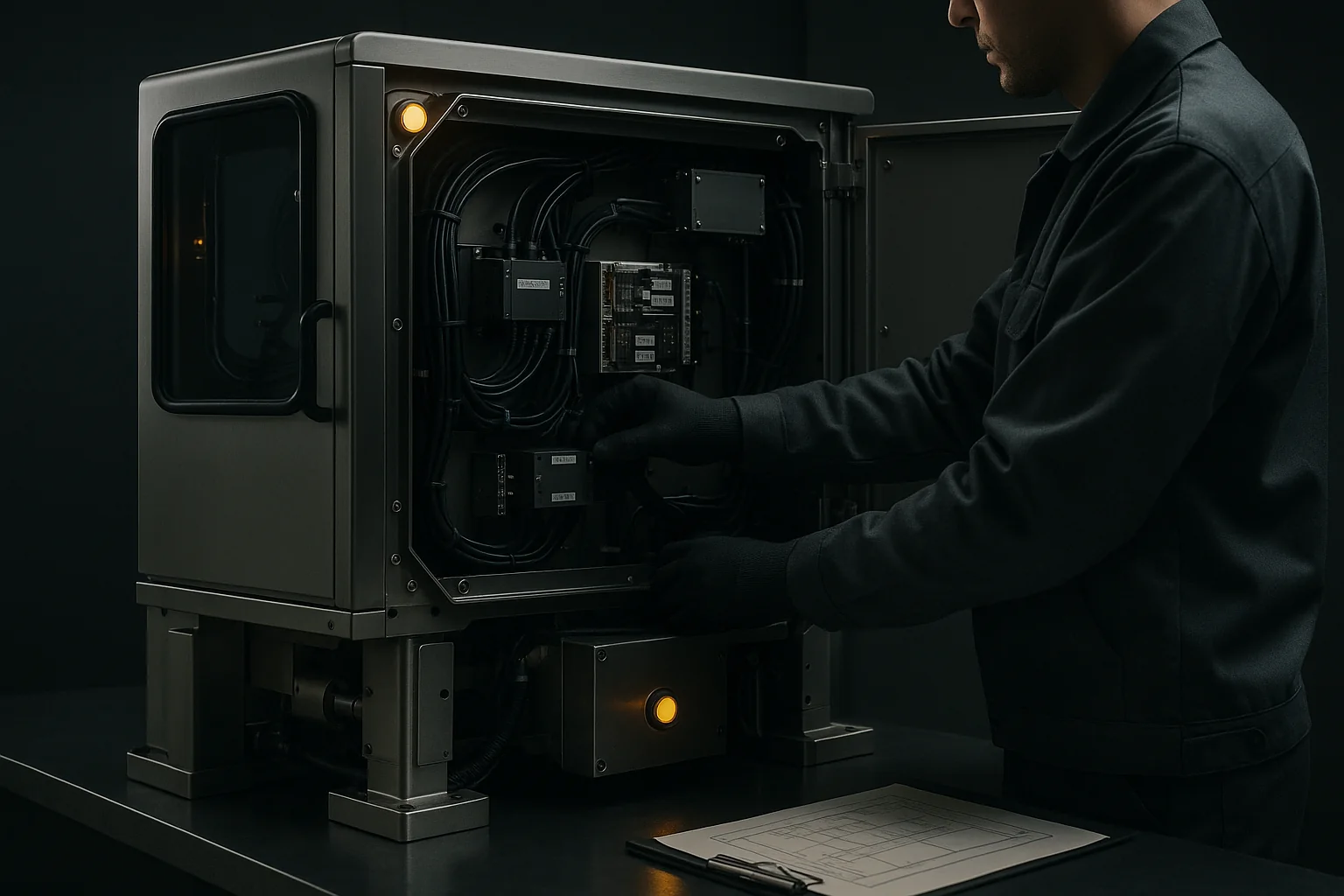 Macchina industriale complessa parzialmente aperta durante un intervento di rework controllato, pannelli rimossi con ordine e cablaggi esposti
