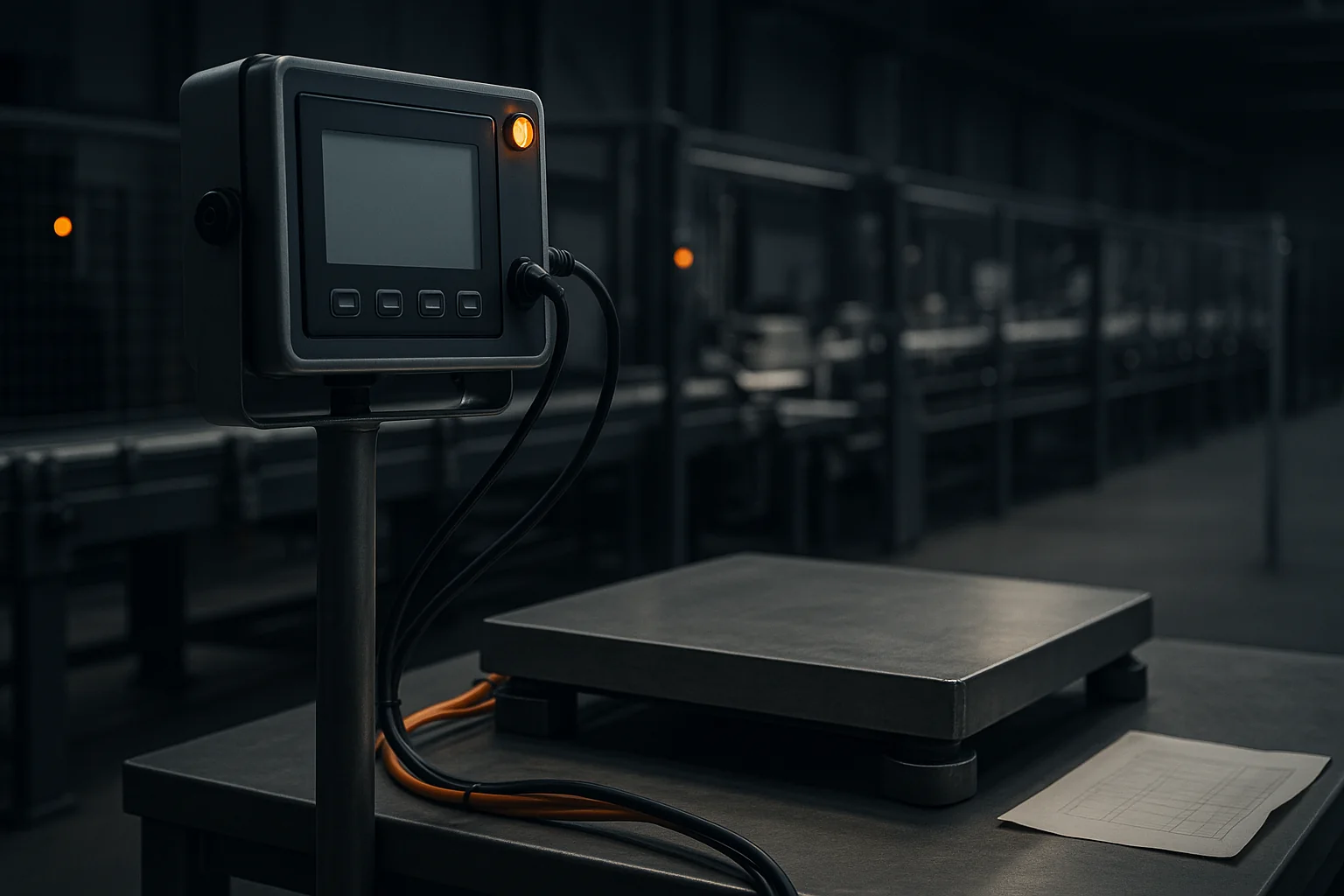 Un unico impianto industriale: in primo piano un terminale di pesatura statica, sullo sfondo una linea automatizzata ad alta velocità
