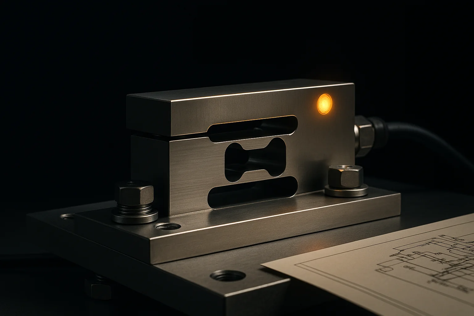 Macro di un componente di pesatura industriale di alta precisione perfettamente installato, illuminato da una sottile linea di luce