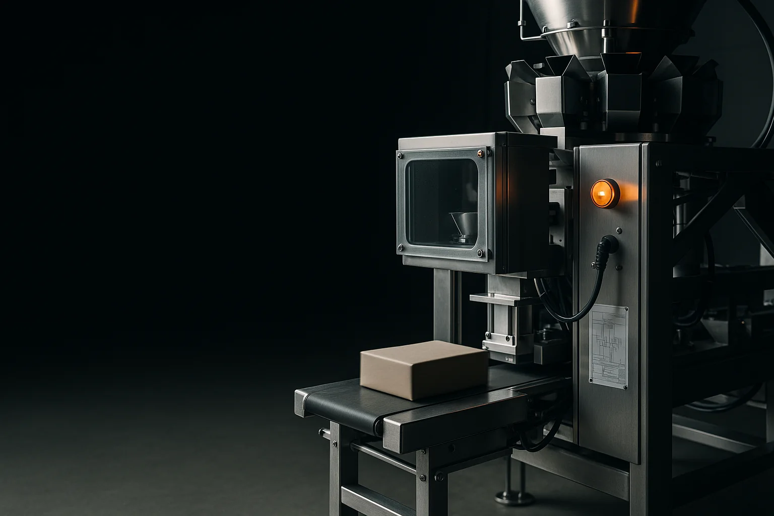 Linea di pesatura industriale automatizzata in un impianto contemporaneo, moduli metallici di precisione in luce controllata